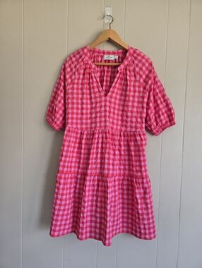 Vineyard Vines Performance Tiered Notch-Neck Dress Red Pink Gingham Preppy M